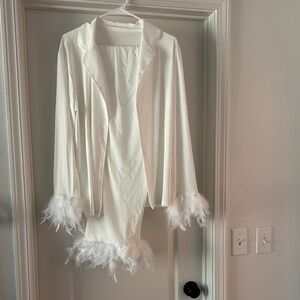 Elegant White Feather-Trimmed Sleepwear Set